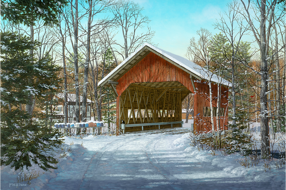 Brookdale Bridge Winter - American Realist Painting by Fred Swan